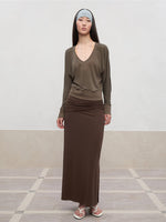 Lyocell Pleated Mid-Low Waist Midi Skirt