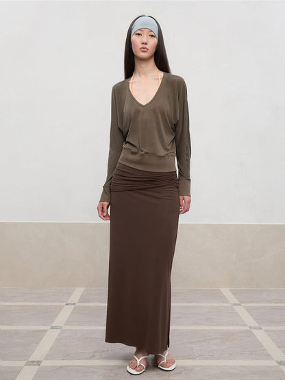 Lyocell Pleated Mid-Low Waist Midi Skirt