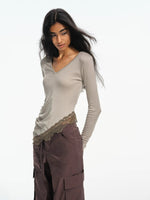 Asymmetric Lace Hem Long Sleeve Top