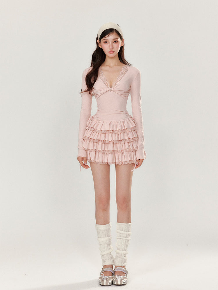 V-neck Long Sleeve Cake Dress