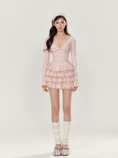 V-neck Long Sleeve Cake Dress