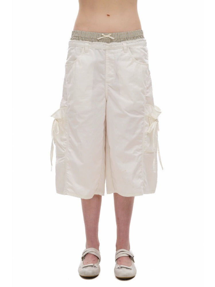 2-in-1 Plaid Satin Ribbon Bow Capri Pants