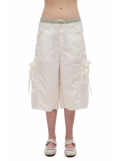 2-in-1 Plaid Satin Ribbon Bow Capri Pants
