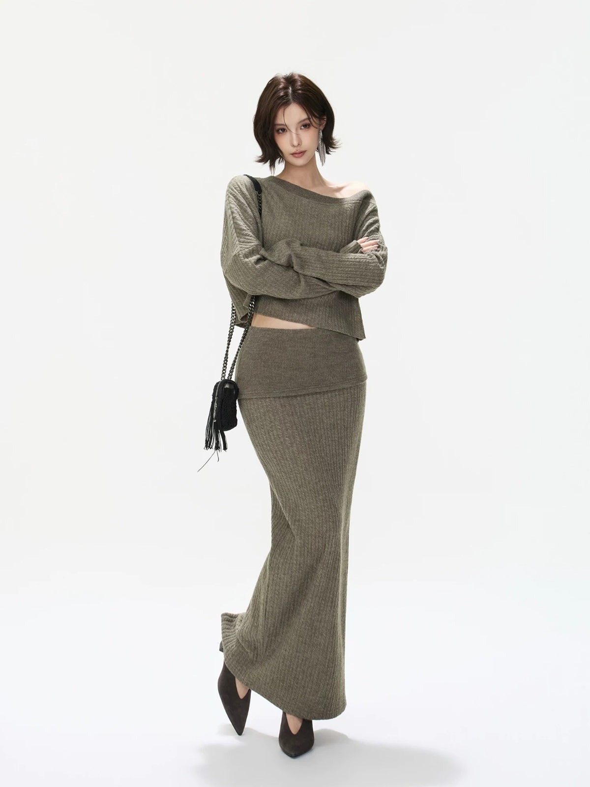 Asymmetric Ribbed Knit &amp; Maxi Skirt Set