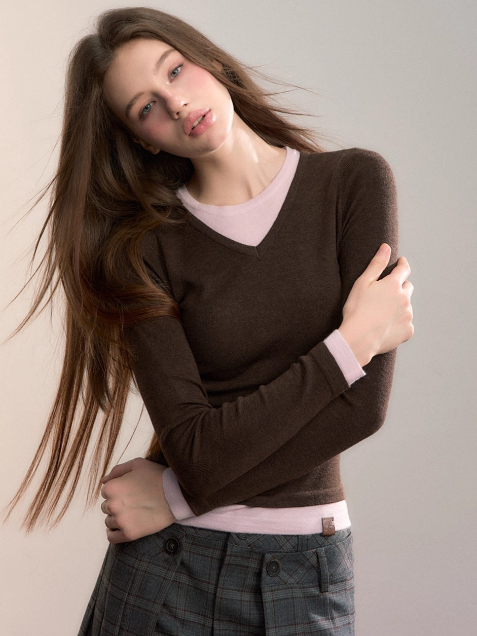 Contrast V-Neck Knit Top