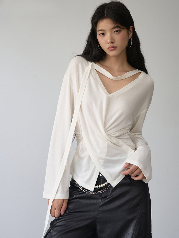 V-Neck Drawstring Waist Buttoned Blouse