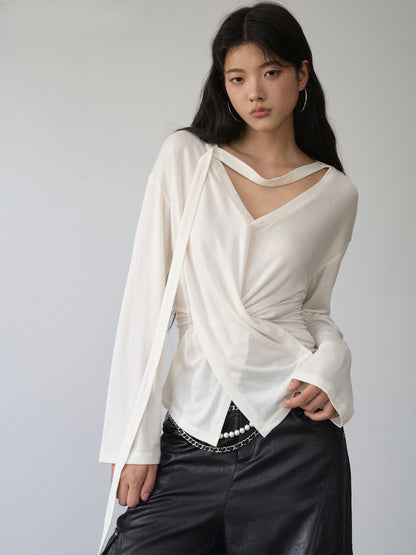 V-Neck Drawstring Waist Buttoned Blouse