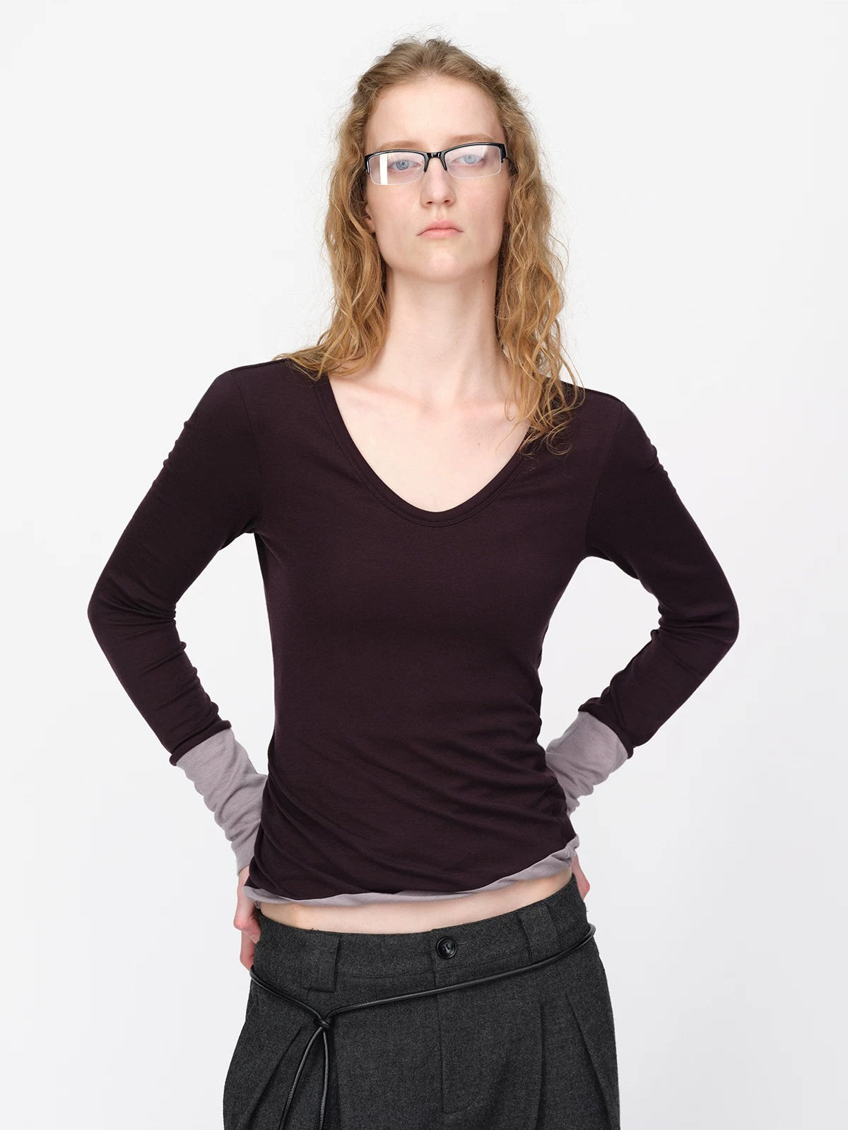 Wool Contrast V Neck Ruched Top