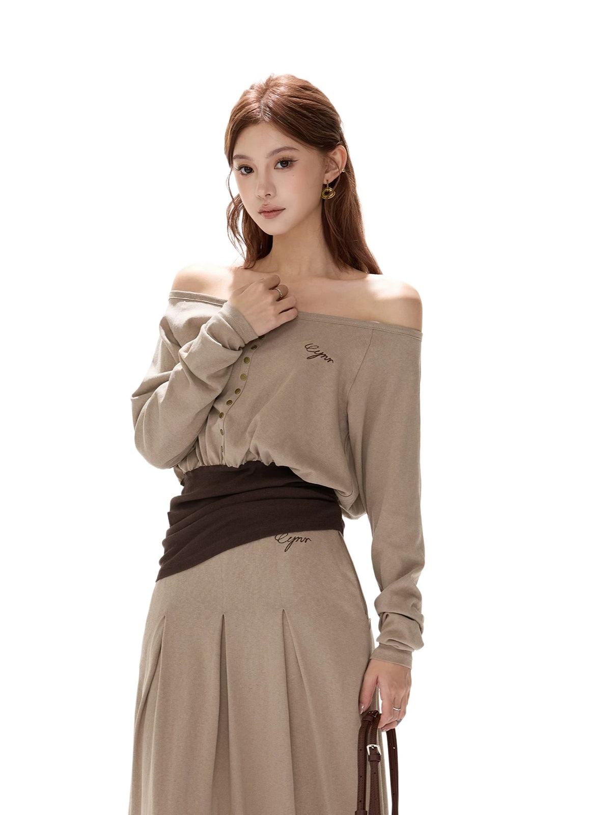Khaki Off Shoulder Draped Top &amp; Skirt Set