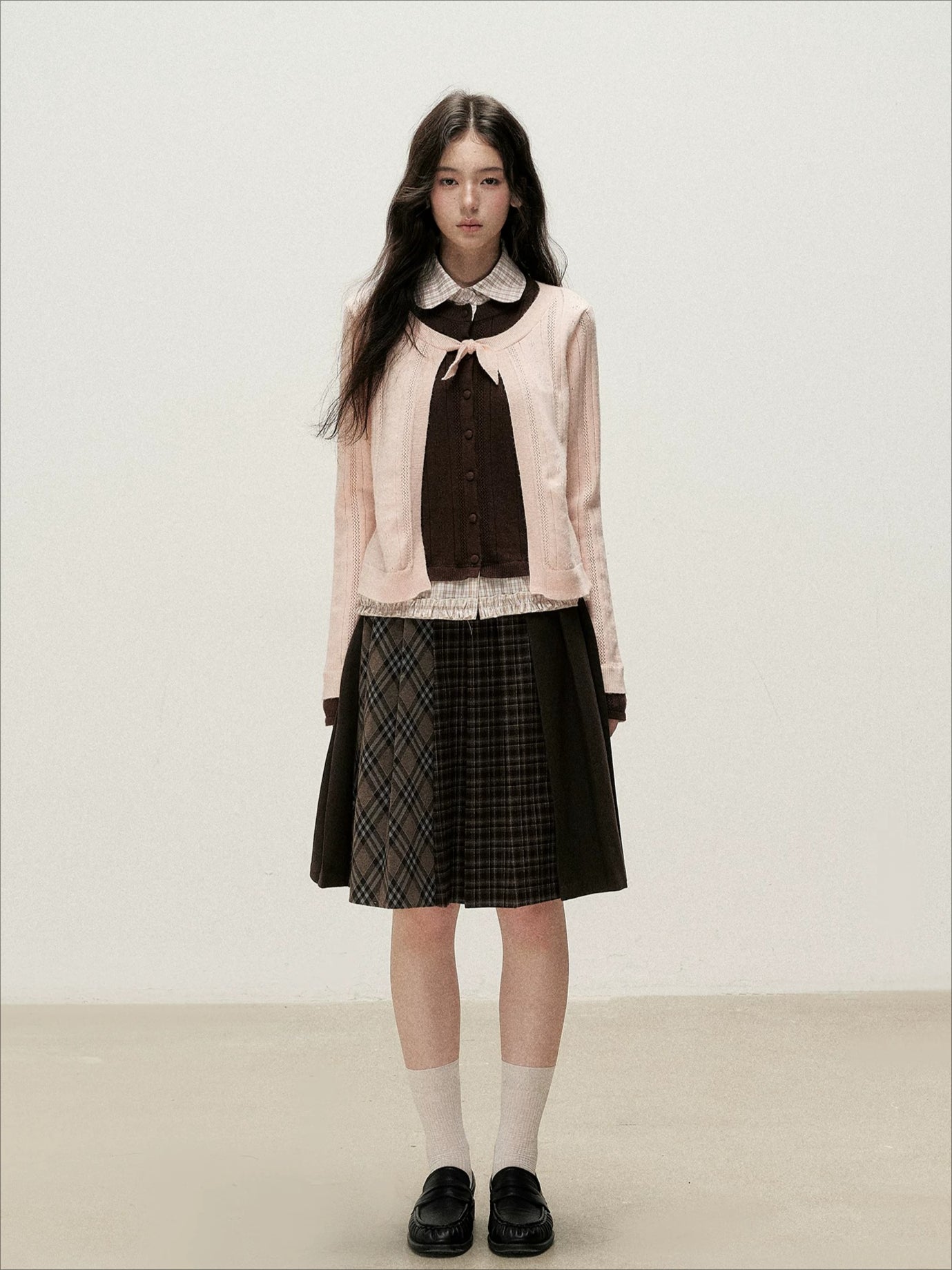 Plaid Collar Layered Knit Top