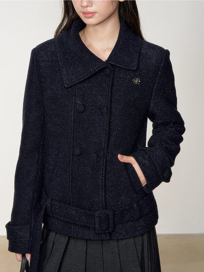 Diagonal Collar Double-Breasted Wool Coat