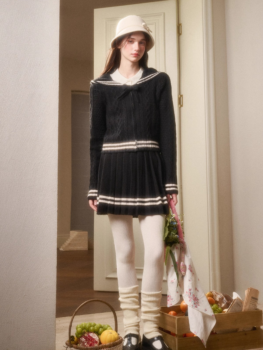 Memo Wool Cloud Knit Cardigan &amp; Pleated Skirt Set