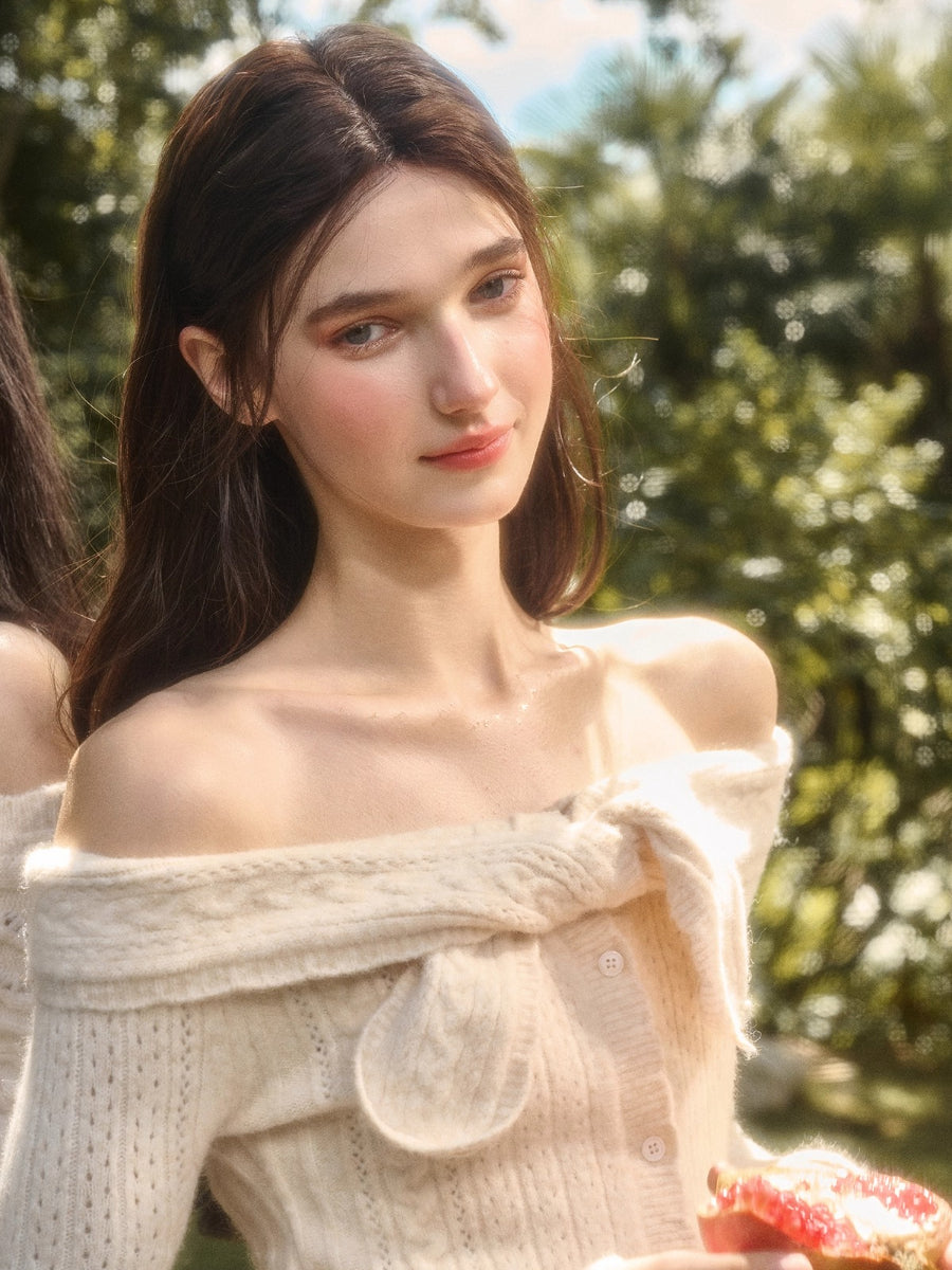 Velvet Bunny Wool Cloud Off-Shoulder Knit Cardigan &amp; Pants Set