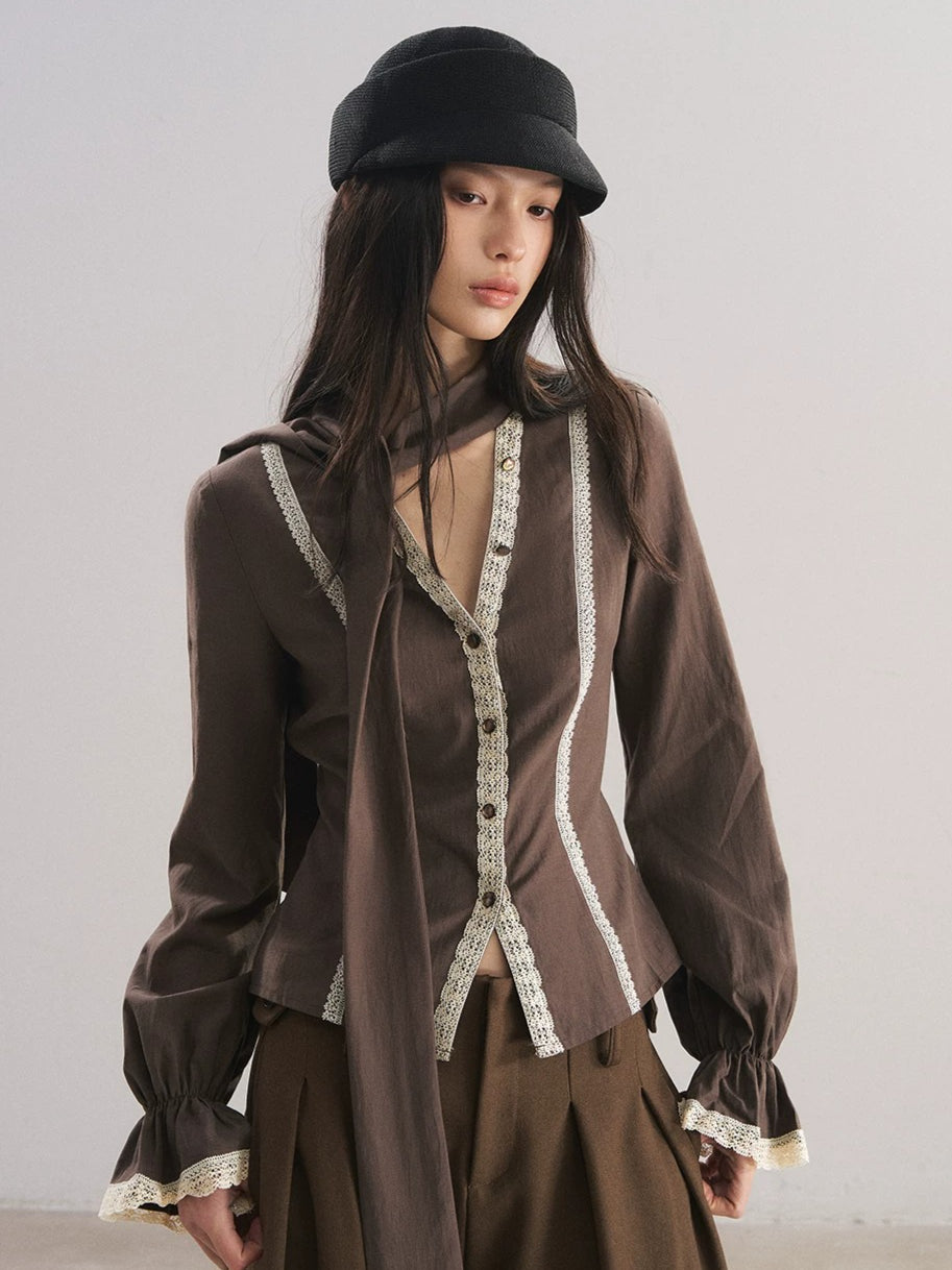 V-Neck Scarf Collar Blouse
