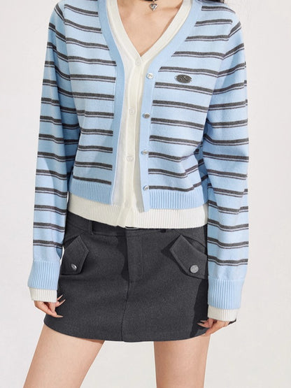 Blue Striped V-Neck Cardigan