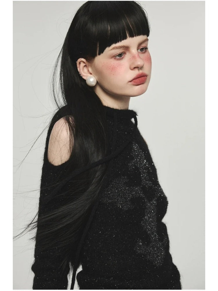 Mohair Off-Shoulder Knit Hoodie