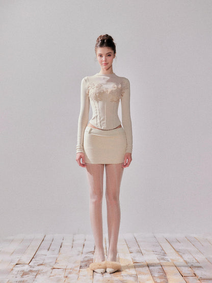 Brushed Slim Fit Knit Lace Base Top &amp; Skirt Set