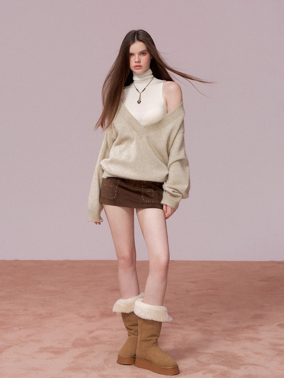 V-Neck Ribbed Knit Sweater