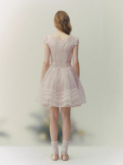 Pink Square Neck Puff Dress