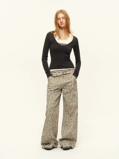 Studded Leopard Wide-Leg Pants