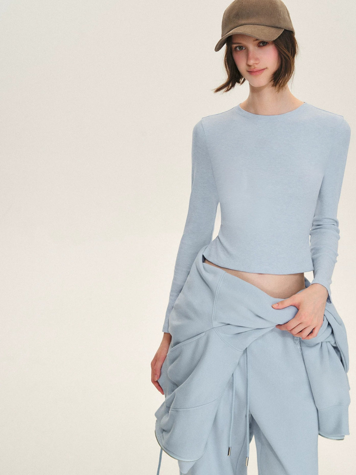 Ribbed Cotton Blend Cropped T-Shirt