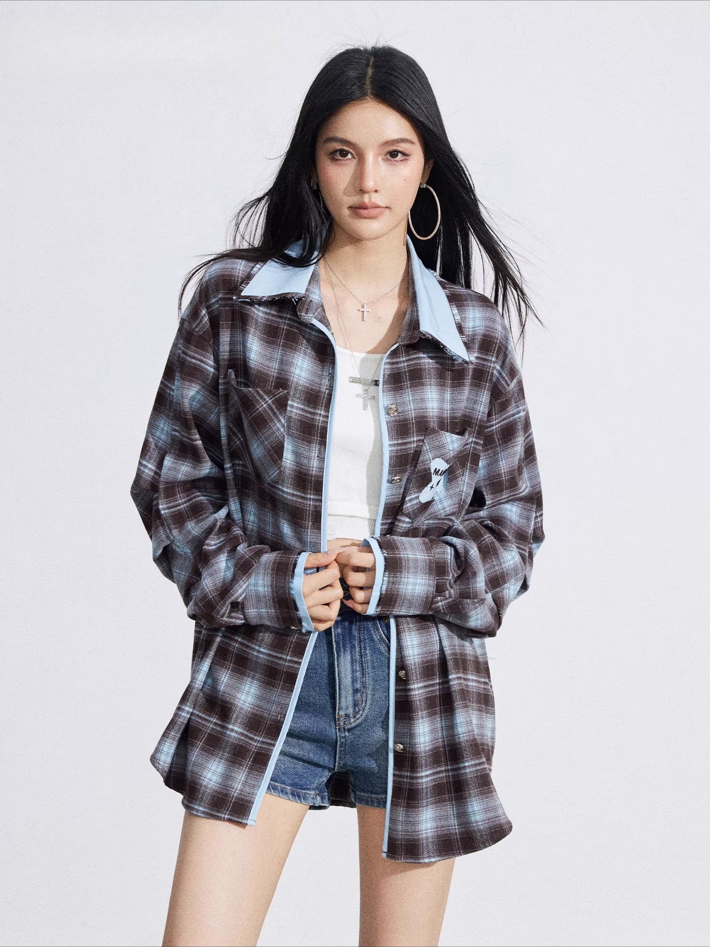 Contrast Plaid Embroidered Shirt