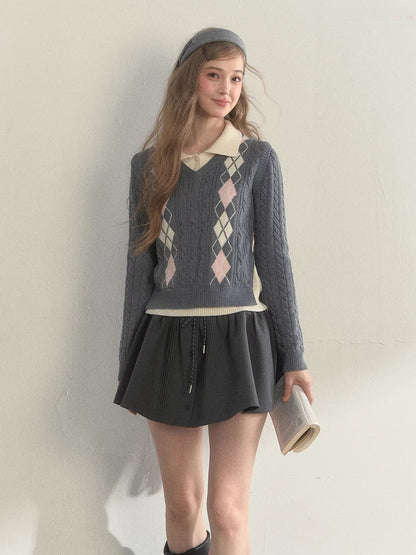Argyle Cable Faux Two-Piece Sweater