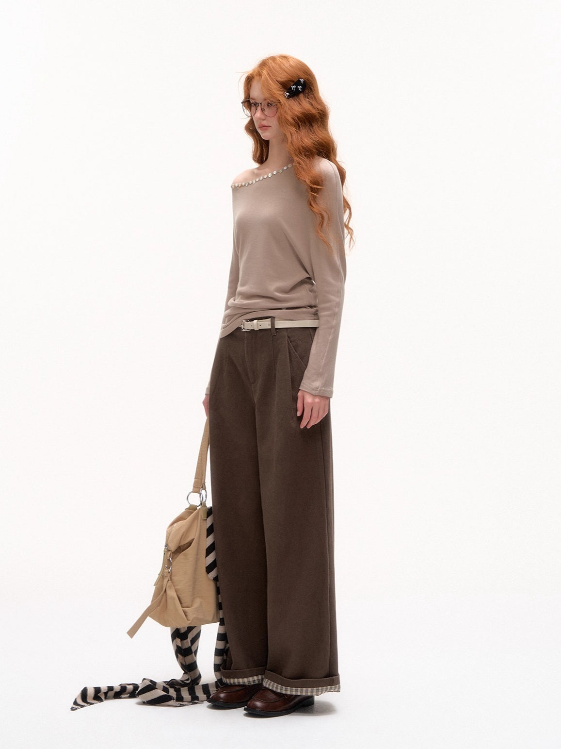 Plaid Cuff Belted Wide-Leg Pants