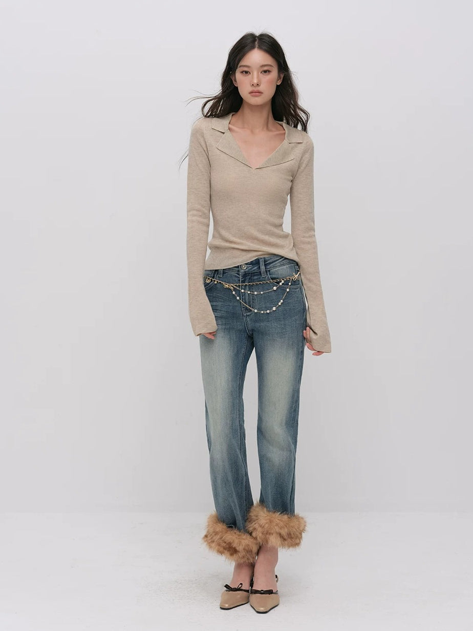 Ribbed Wool Polo Top