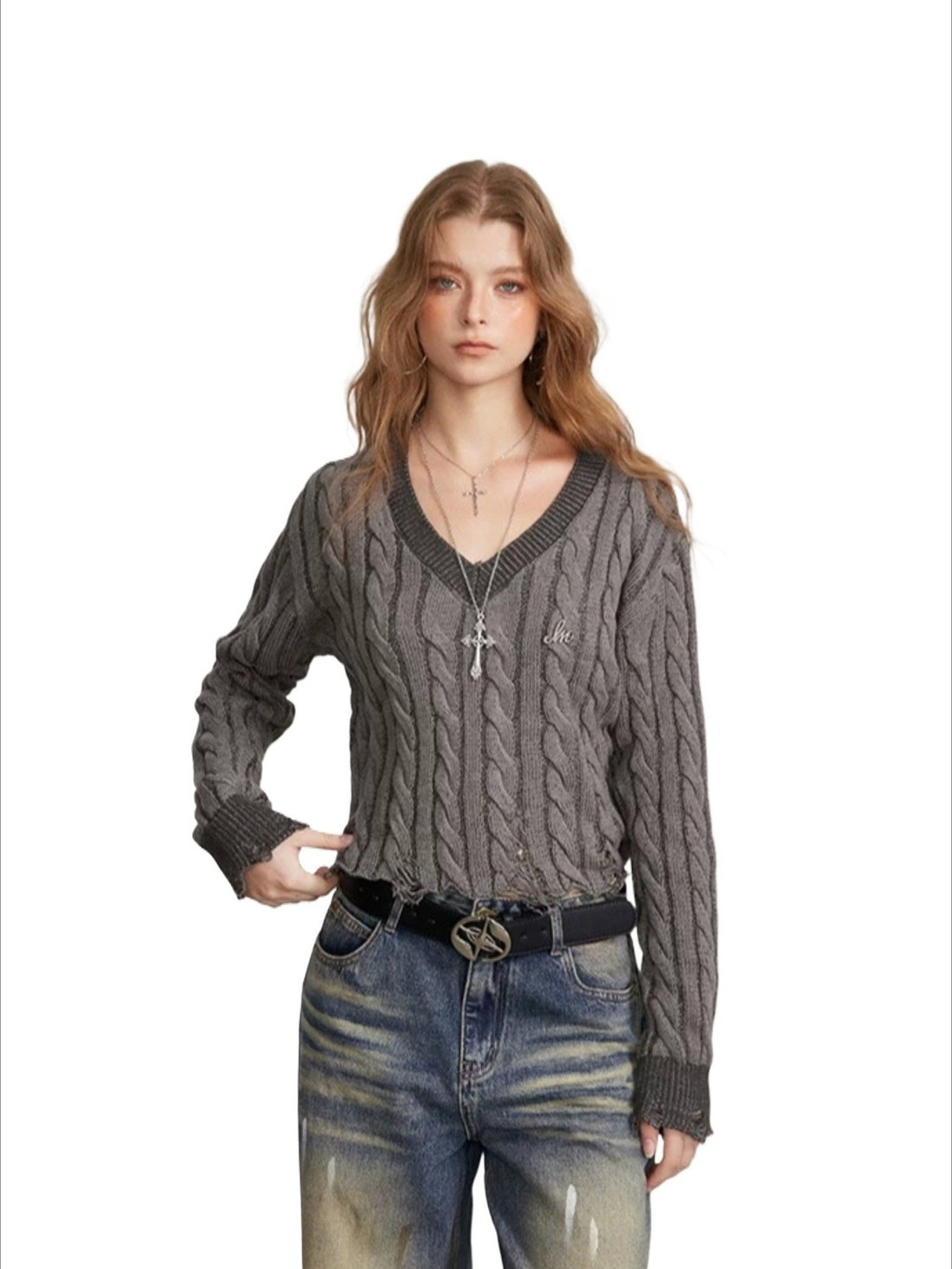 Distressed Cable Knit V Neck Sweater