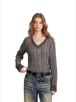 Distressed Cable Knit V Neck Sweater