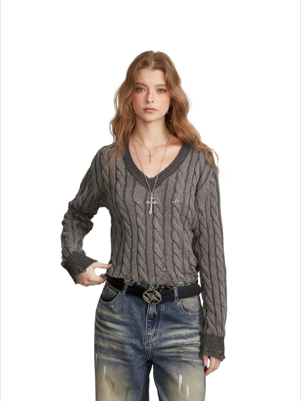 Distressed Cable Knit V Neck Sweater