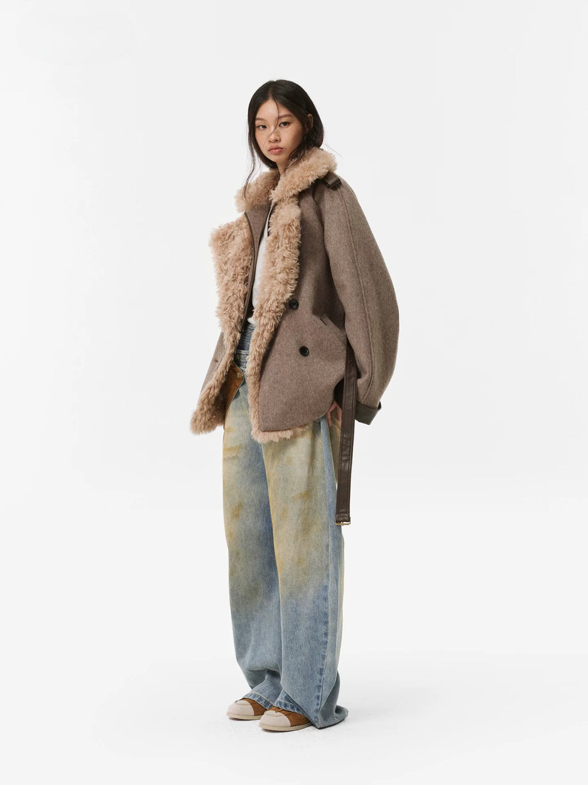 Faux Shearling Collar Wool Coat