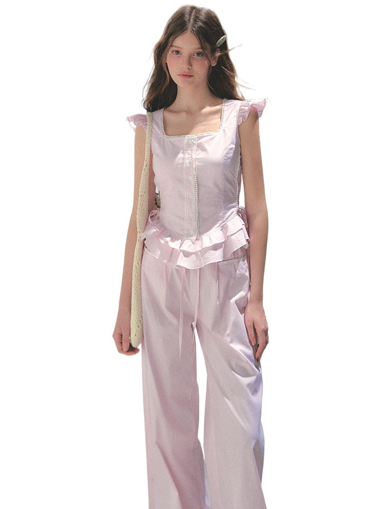 Pink Striped Flutter Sleeve Shirt