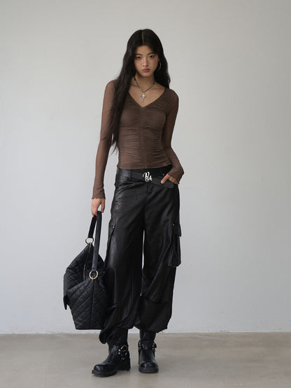 V-Neck Ruffled Mesh Slim Long-Sleeve Blouse