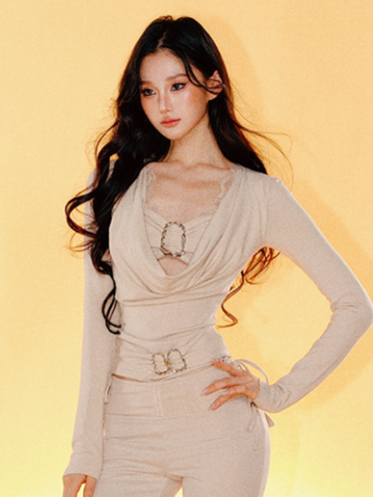 Slim Fit Knit Bell Bottom Pants Knitted Set