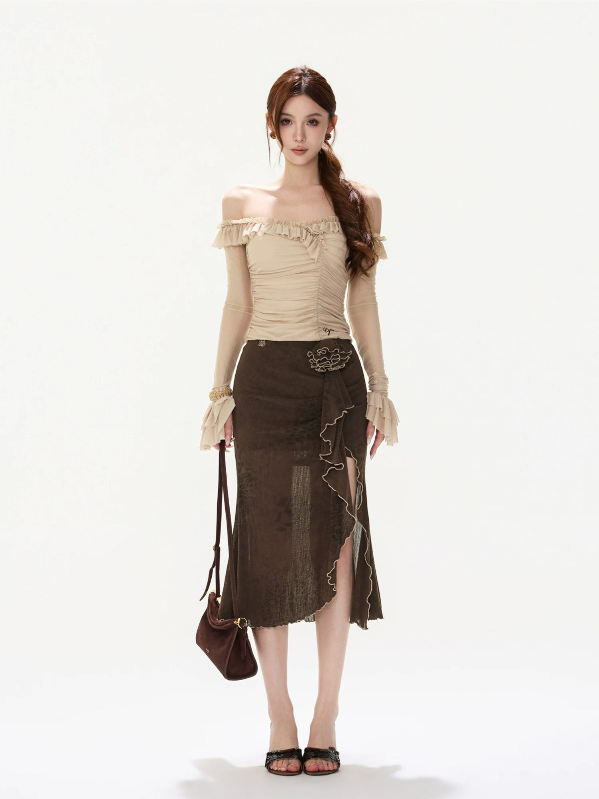 Off-Shoulder Mesh Ruched Slim Top
