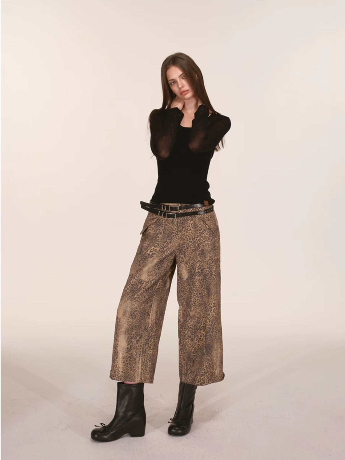 Washed Leopard Print Wide Leg Pants