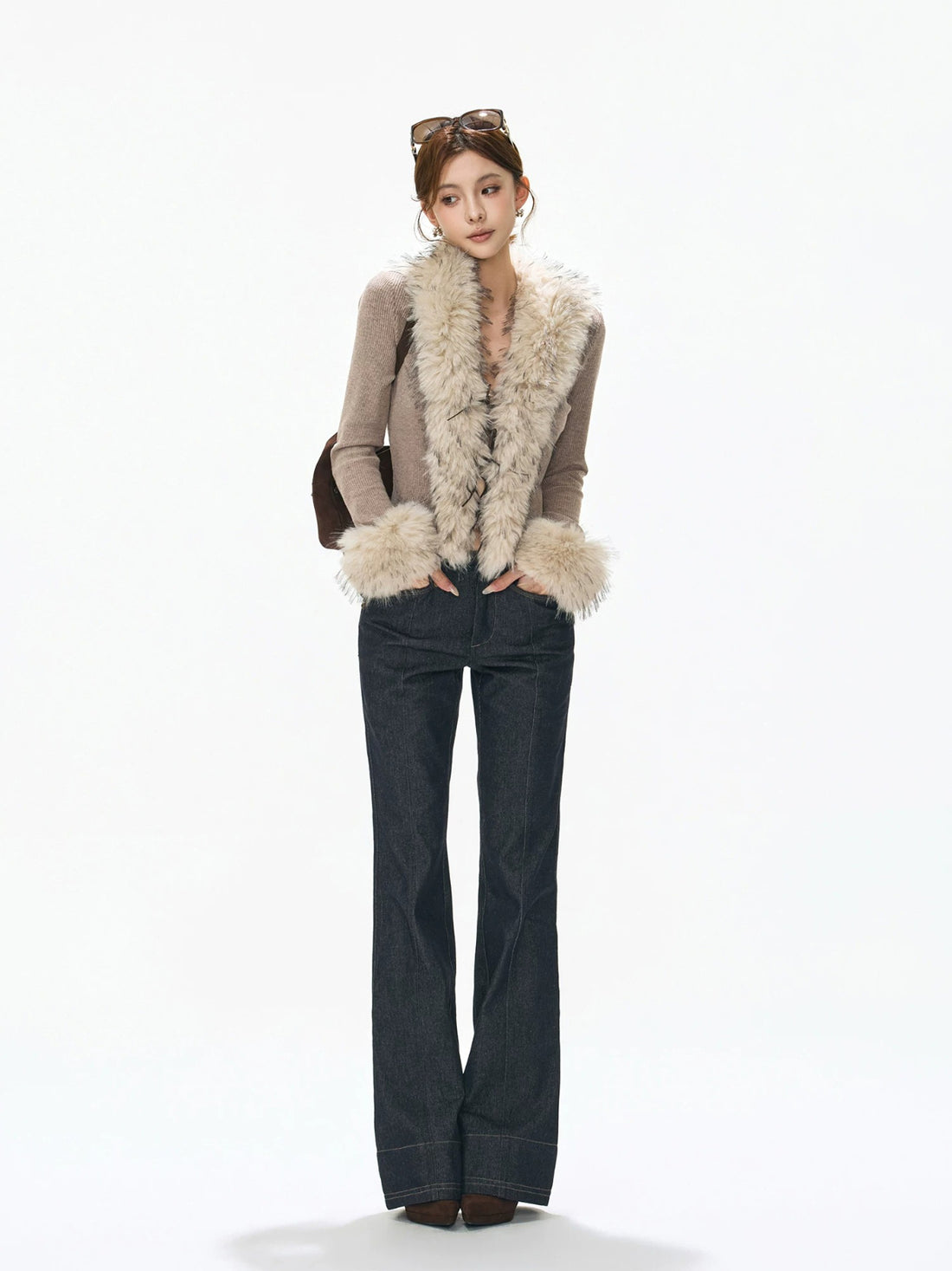 Faux Fur Collar Knit Cardigan Top