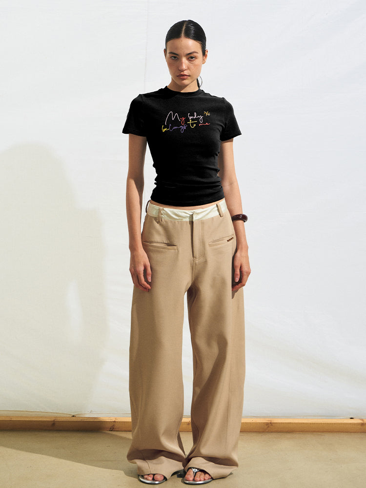 Wrinkle-Resistant Patchwork Straight-Leg Pants