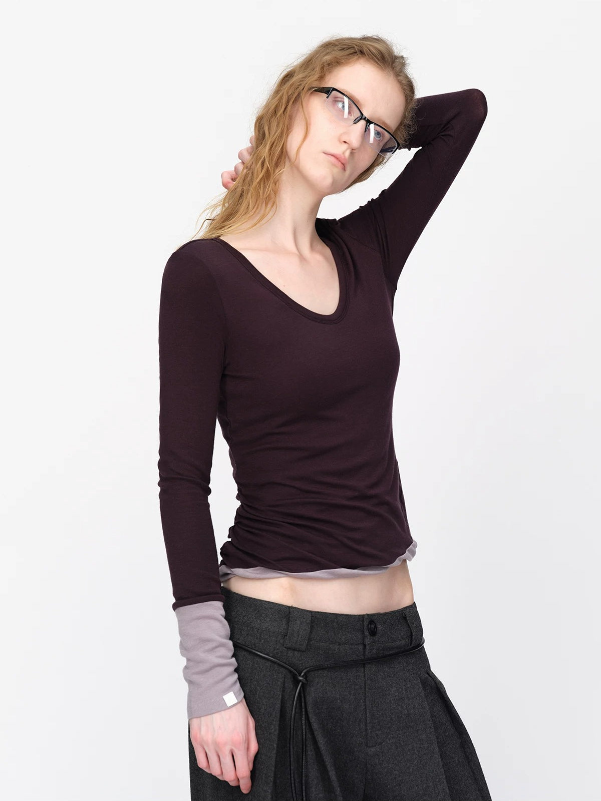 Wool Contrast V Neck Ruched Top