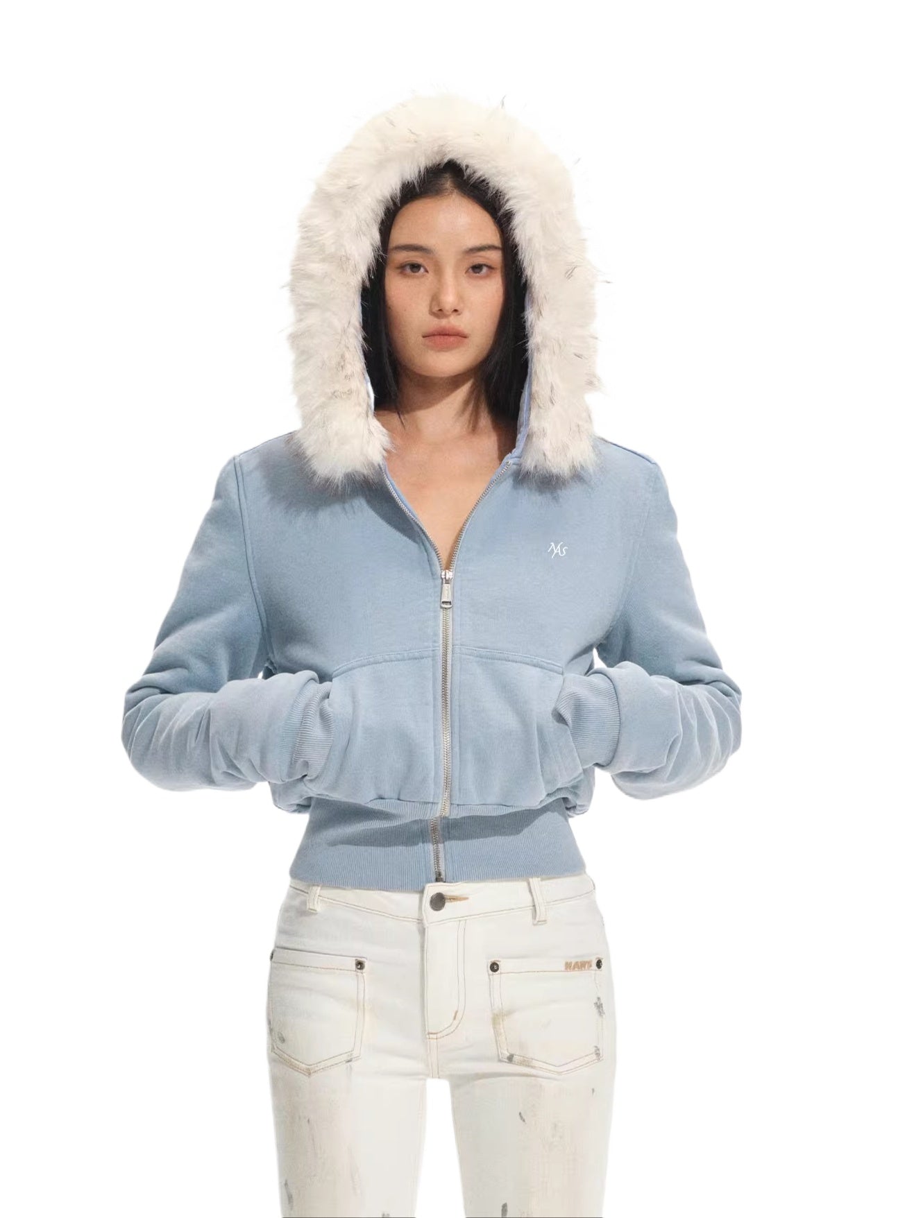Fox Fur Trim Washed Cotton Fitted Hoodie