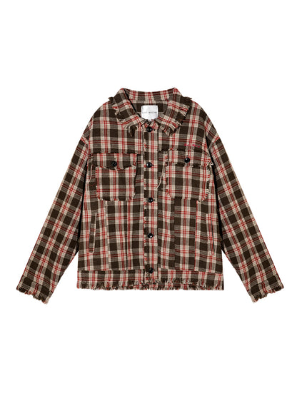 Checked Wool Blend Fringe Edge Shirt Jacket