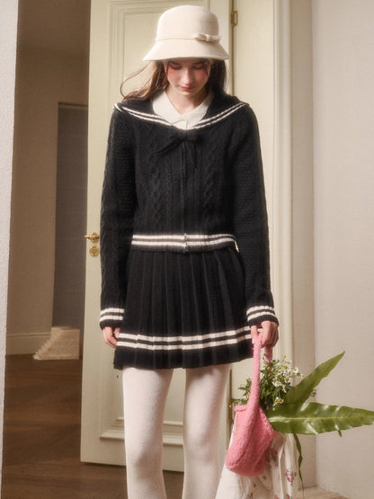 Memo Wool Cloud Knit Cardigan &amp; Pleated Skirt Set