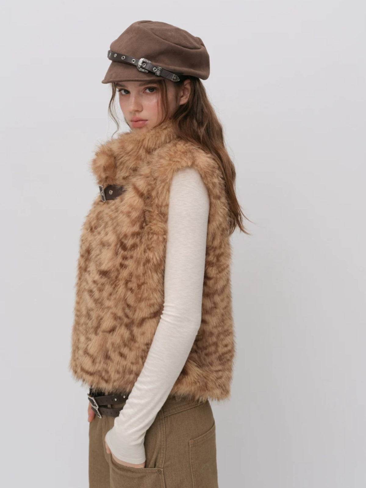 Leopard Faux Fur Sleeve Vest Jacket