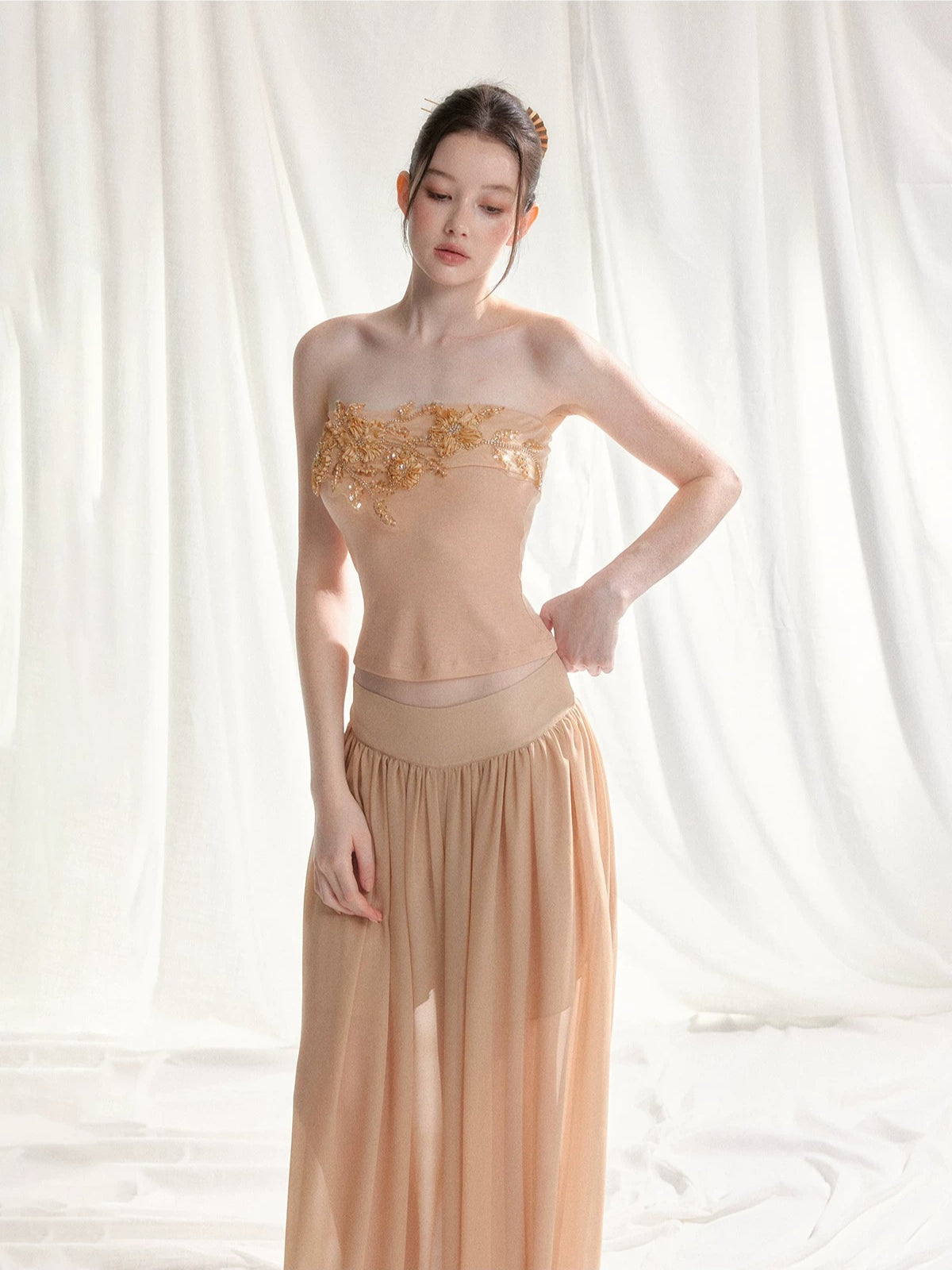 Floral Appliqué Bustier &amp; Mesh Pants Set