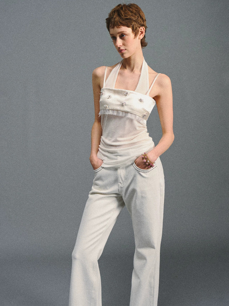 White Beaded Halter Cami Top
