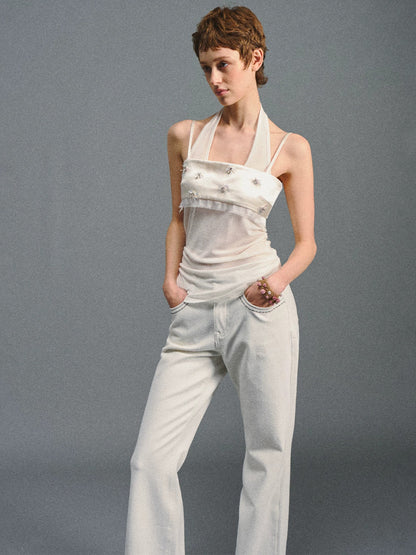 White Beaded Halter Cami Top