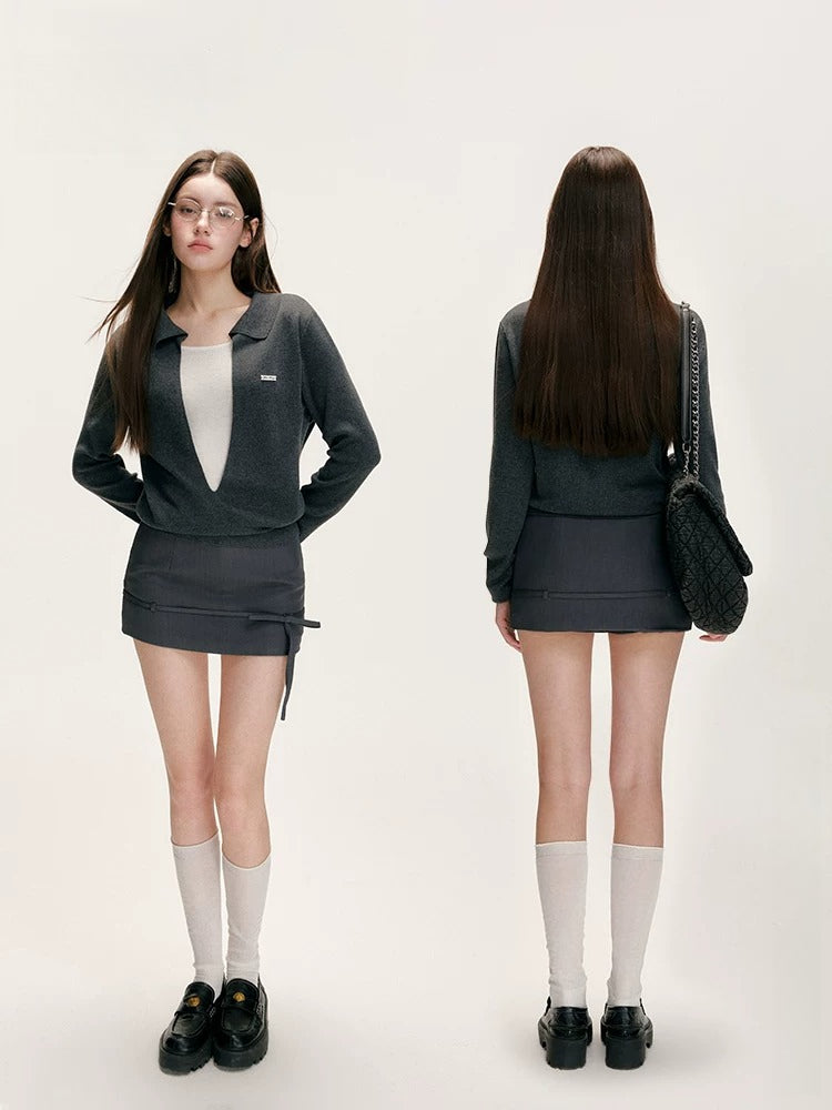 Gray Bowknot Tailored Skirt