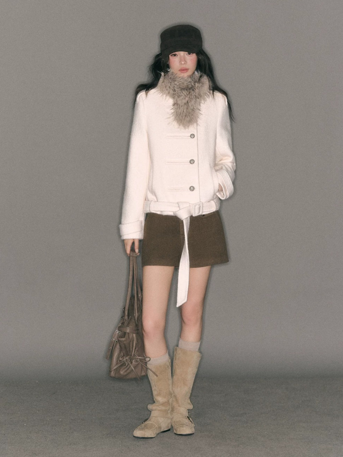 Fur-Collar Belted Wool Bouclé Coat